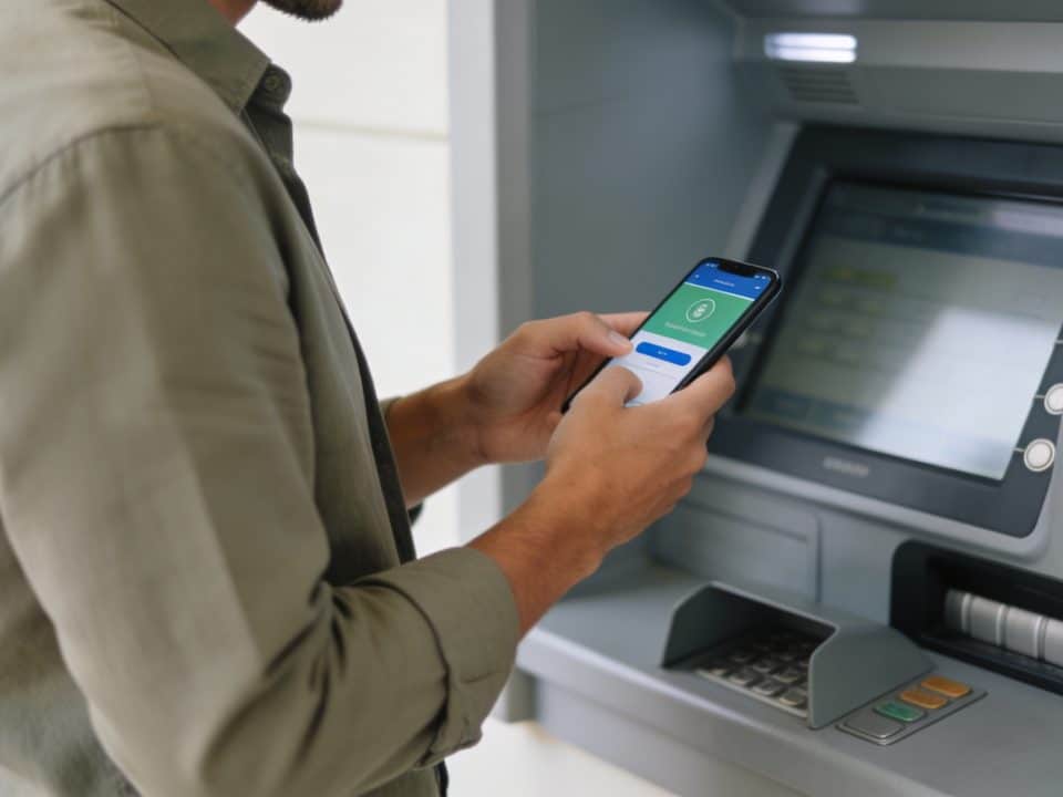 client ferme son application bancaire devant distributeur automatique