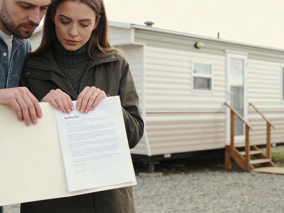 couple pensif examine contrat devant mobil home neuf