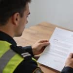 Employe en gilet de securite regardant un contrat incomplet