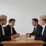 Groupe de huissiers assis autour dune table
