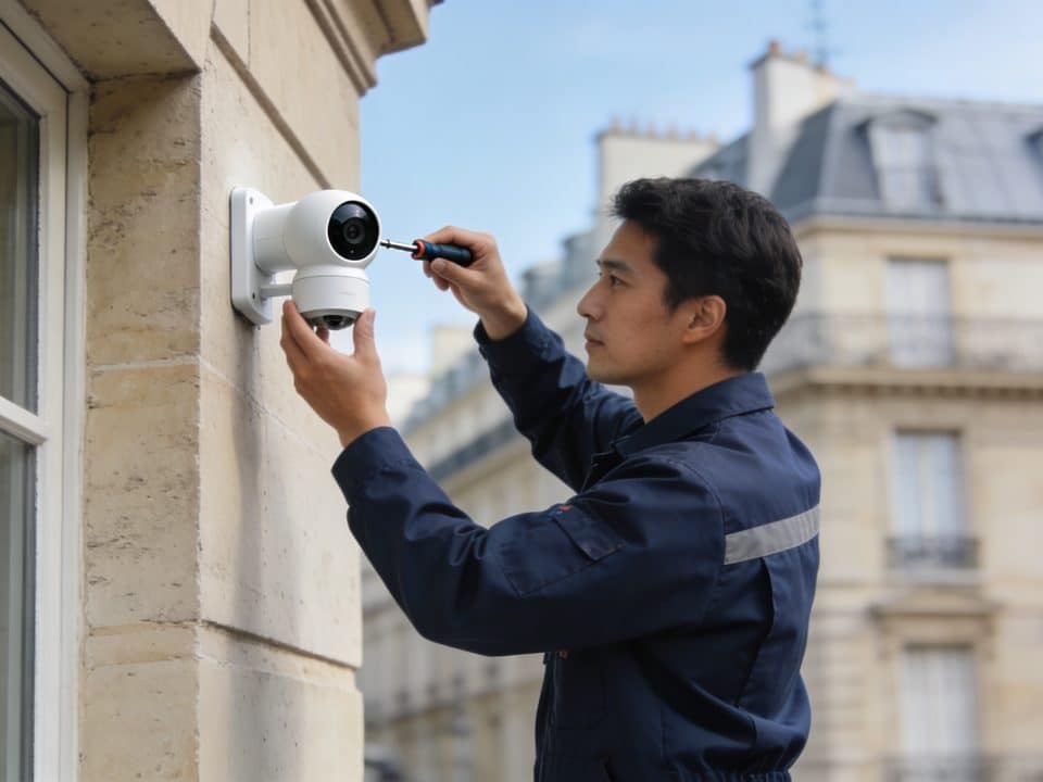 technicien installe camera de surveillance connectee immeuble paris