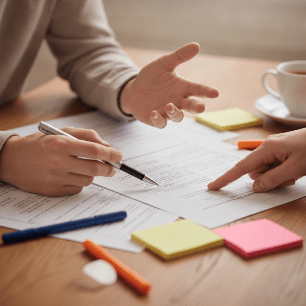 Mains de conseiller et bénéficiaire co-construisant un plan d'action de reconversion professionnelle avec documents et notes