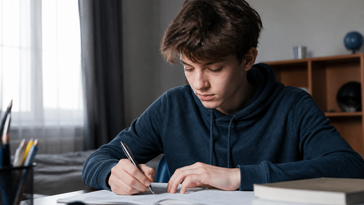 Adolescent assis a un bureau tenant un stylo