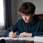Adolescent assis a un bureau tenant un stylo