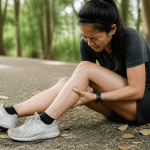 Athlete in running gear clutching shin with grimace