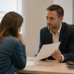 Conseiller bancaire montrant document pret a client assis