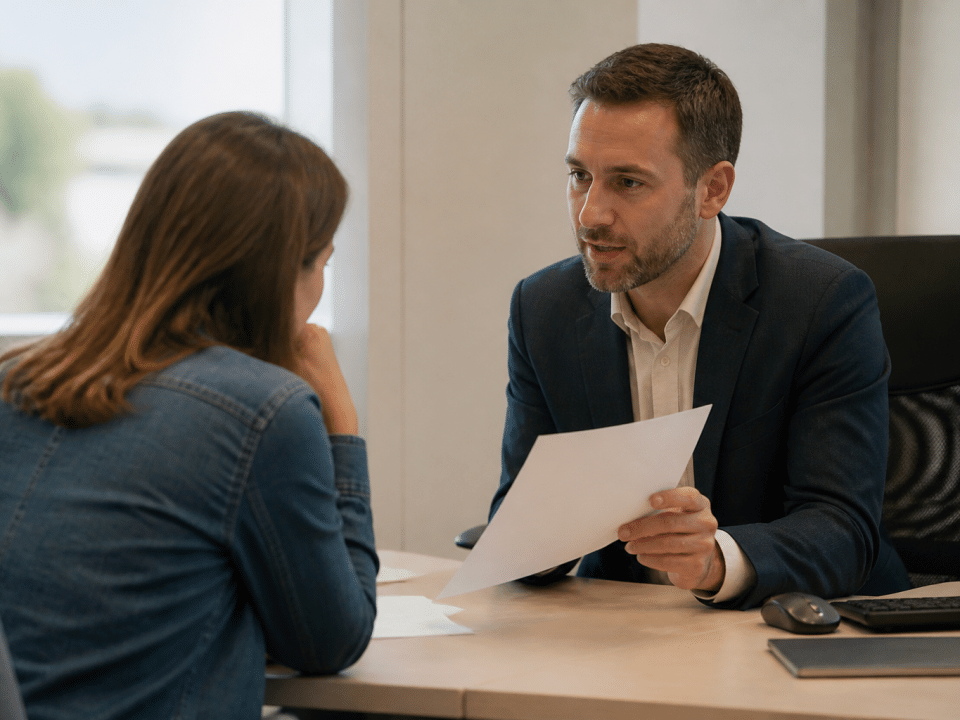 Conseiller bancaire montrant document pret a client assis