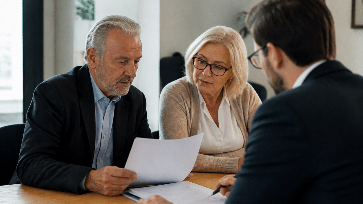 Couple senior consultant documents immobiliers avec notaire assis.