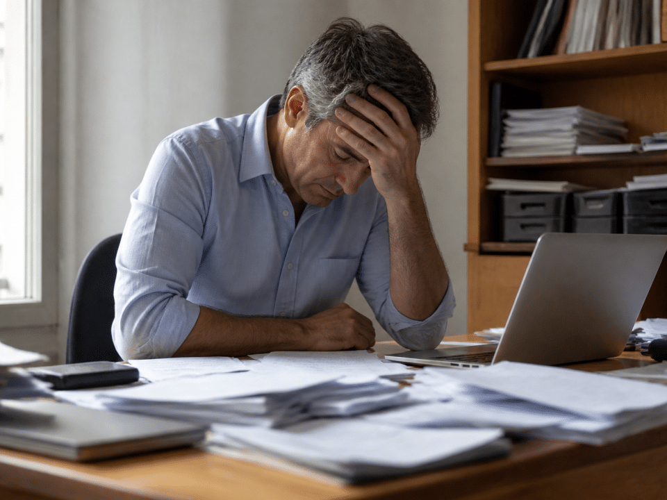 Homme assis a son bureau, tete baissee, documents eparpilles