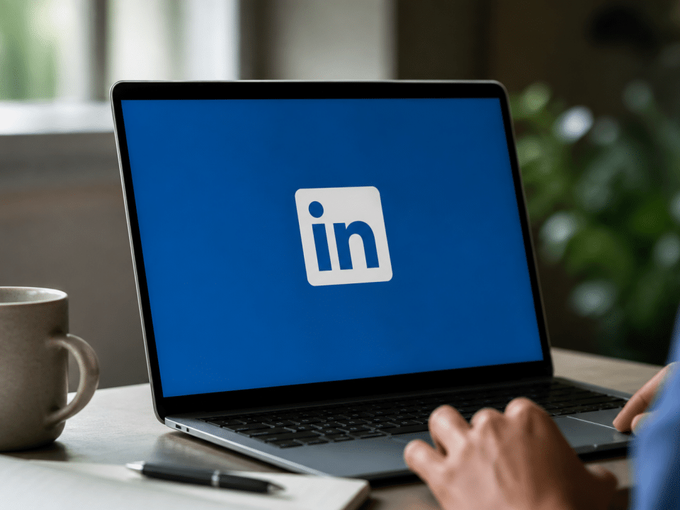 Logo LinkedIn sur ecran d'ordinateur portable brillant.