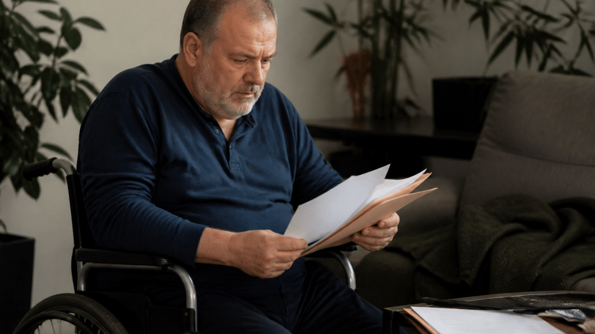 Personne en fauteuil roulant tenant documents financiers importants