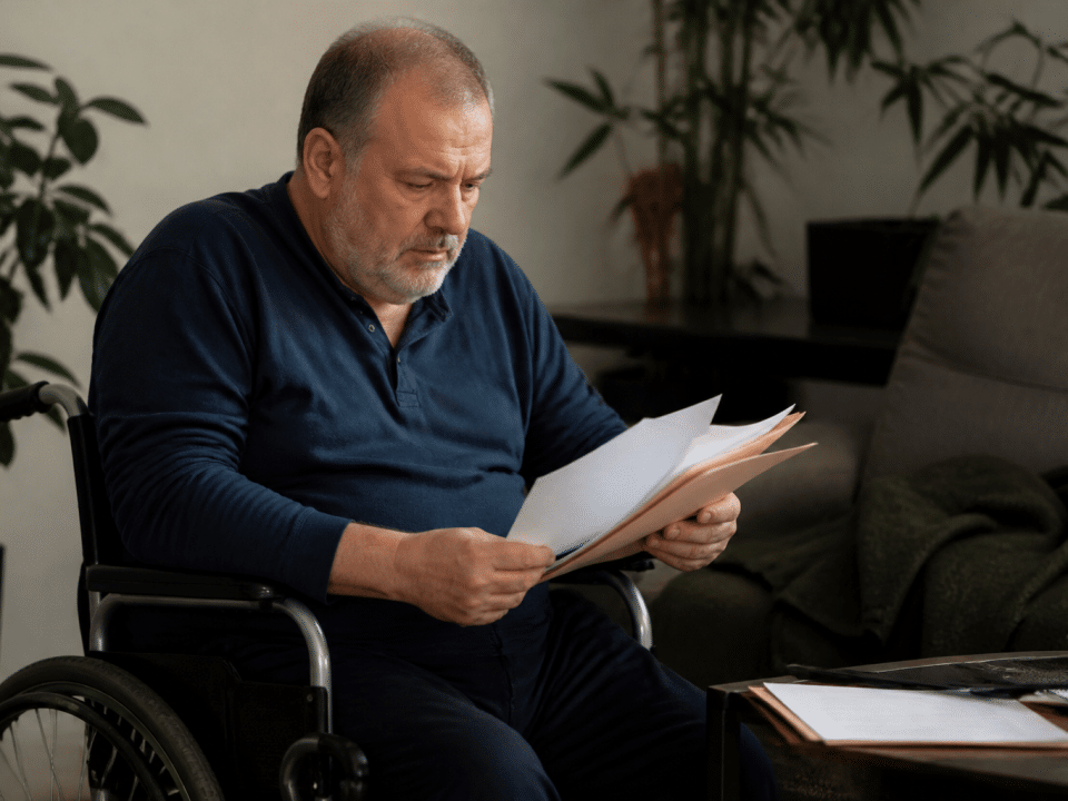 Personne en fauteuil roulant tenant documents financiers importants