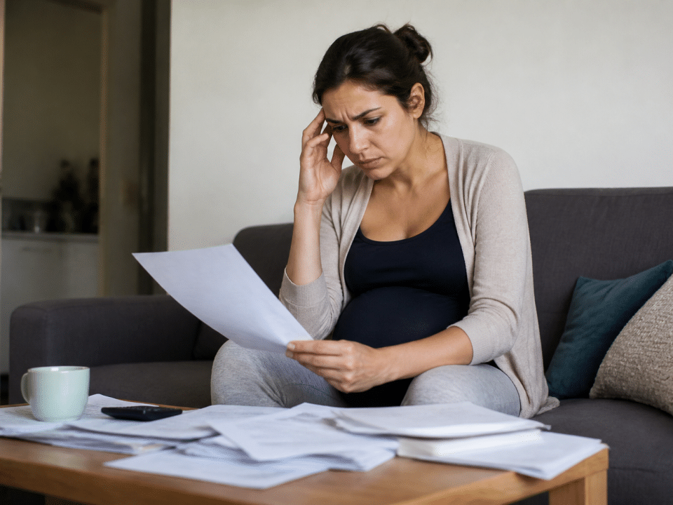 Femme enceinte consultant documents financiers, mine inquiète.