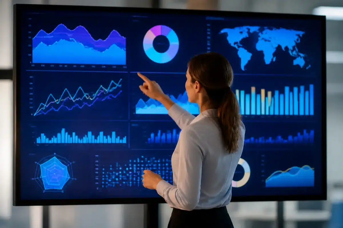 Cadre avec graphiques, tableaux de bord et indicateurs de performance numeriques