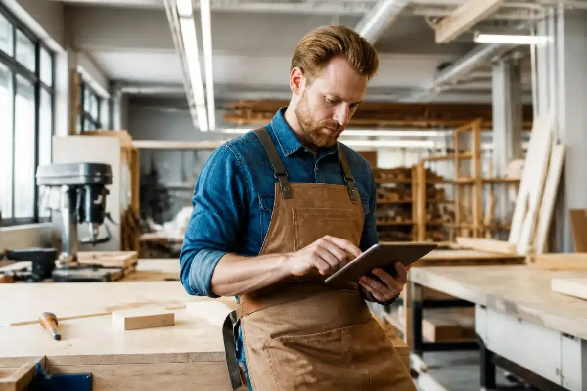 Artisan utilisant tablette numérique dans atelier moderne