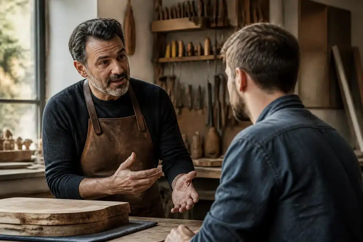 Artisan qualifié négociant tarif avec client dans atelier professionnel