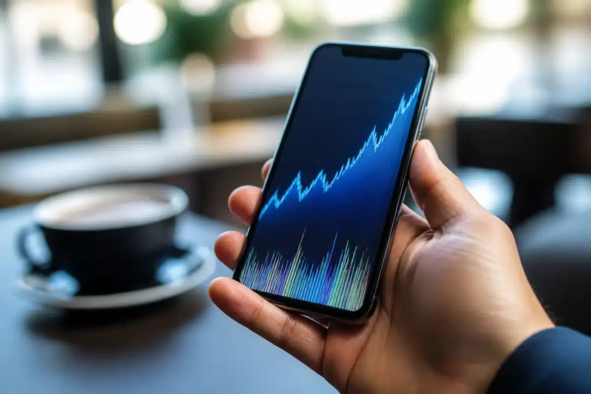 Ecran smartphone affichant solde bancaire positif et graphique economie