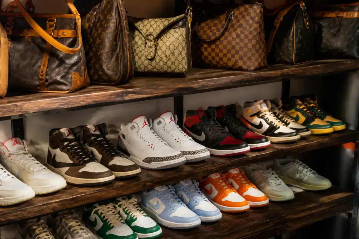 Baskets vintage limitees et sacs luxe vintage sur etagere