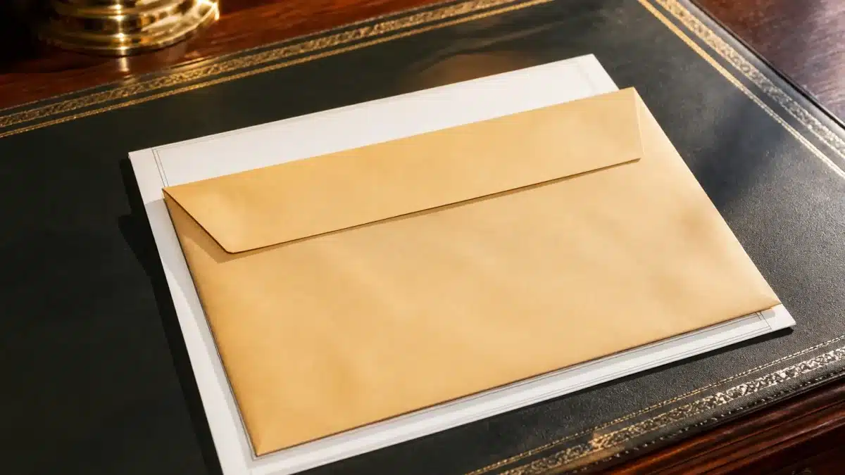 Enveloppe administrative posée sur document officiel gouvernemental