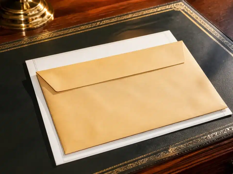 Enveloppe administrative posée sur document officiel gouvernemental