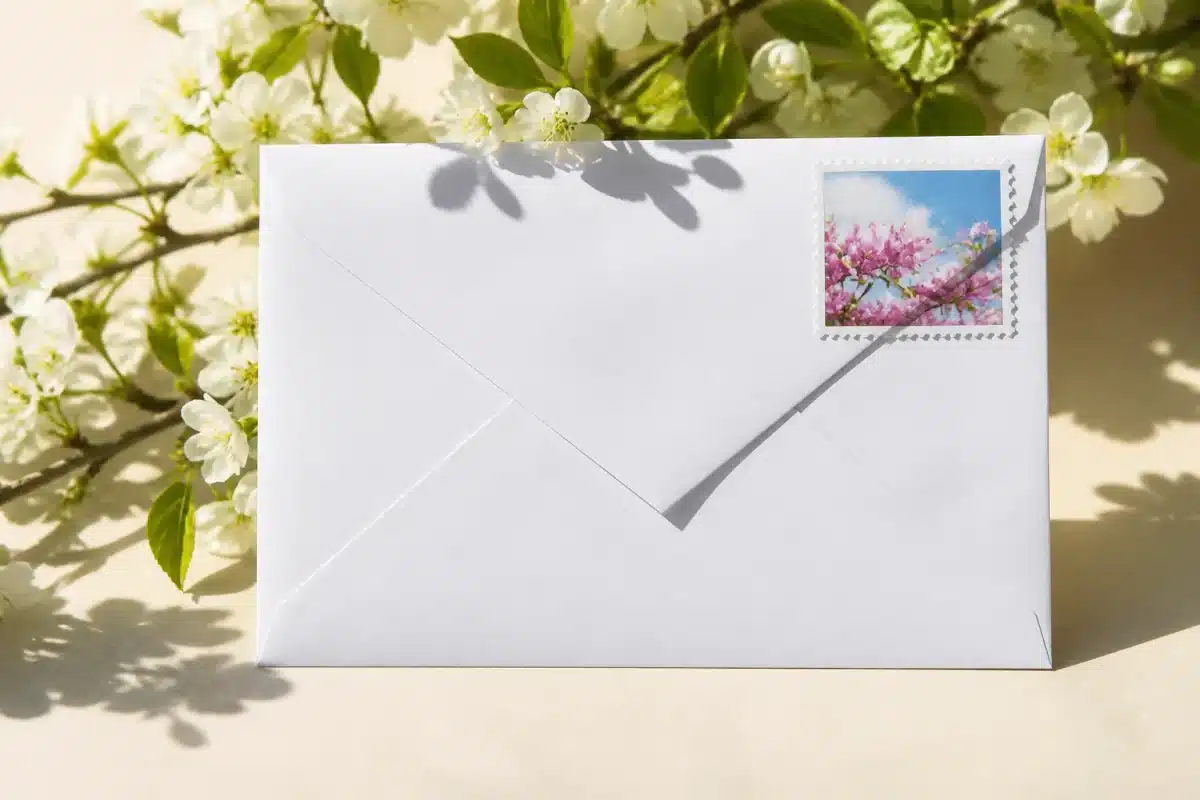 Enveloppe blanche avec timbre postal datée printemps 2026