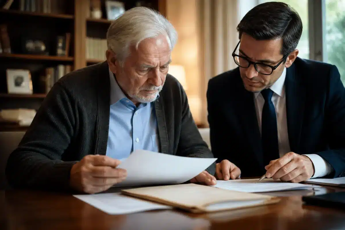 Homme âgé examinant documents patrimoniaux avec avocat