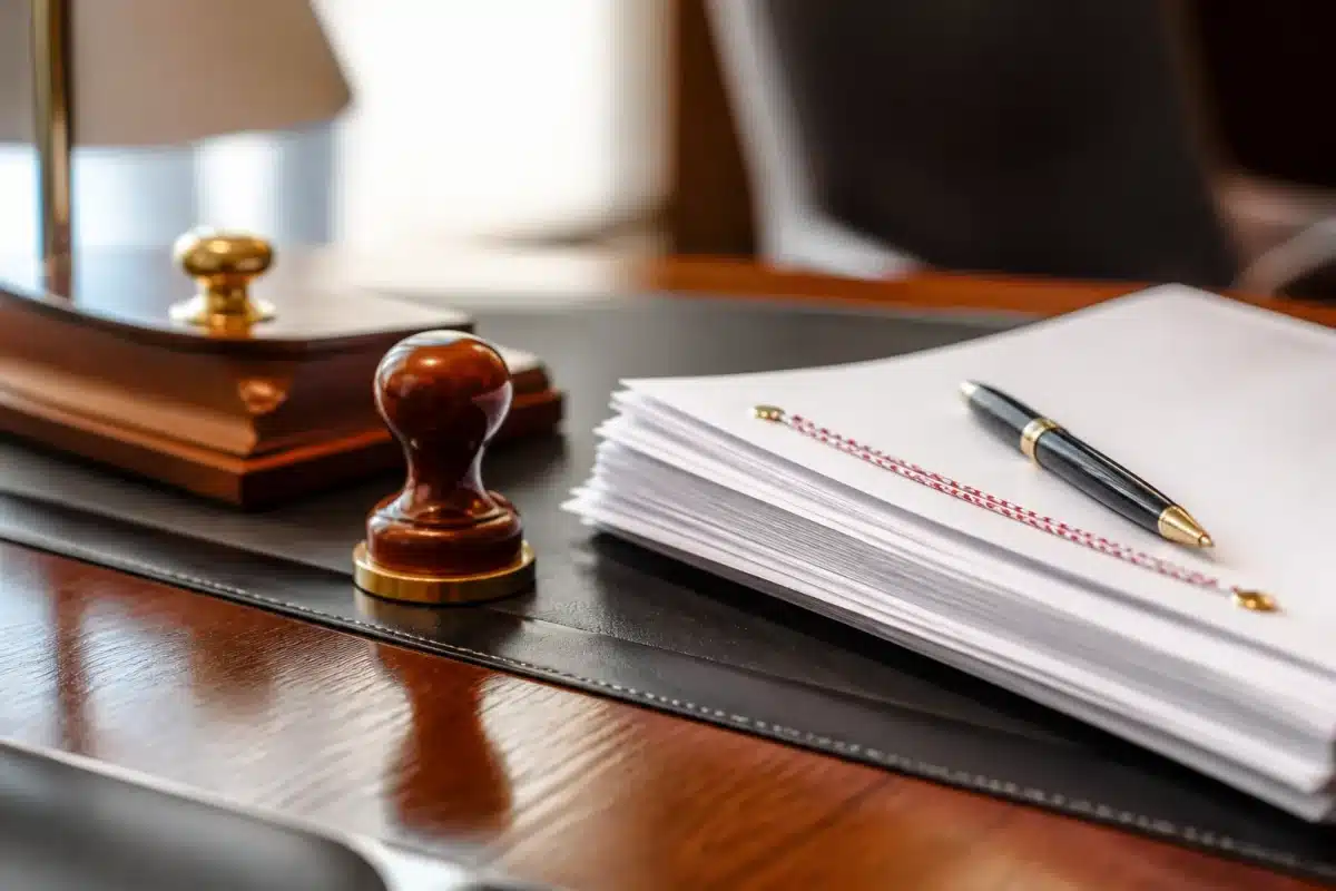 Documents legaux et stylo sur bureau notariel