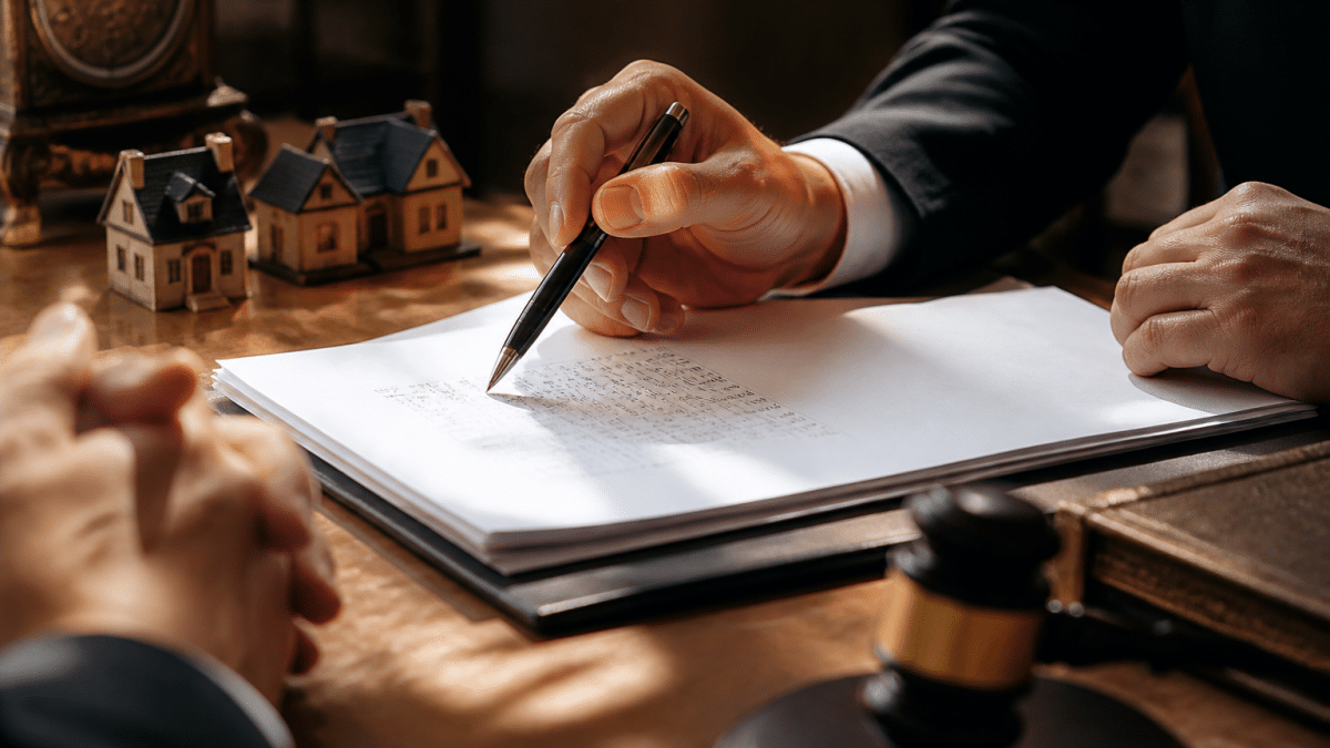 Document notaire sur table avec stylo pointant calculs financiers heritage