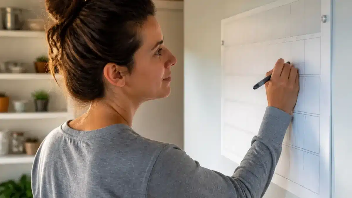 Personne notant dépenses sur calendrier mural, stylo à la main
