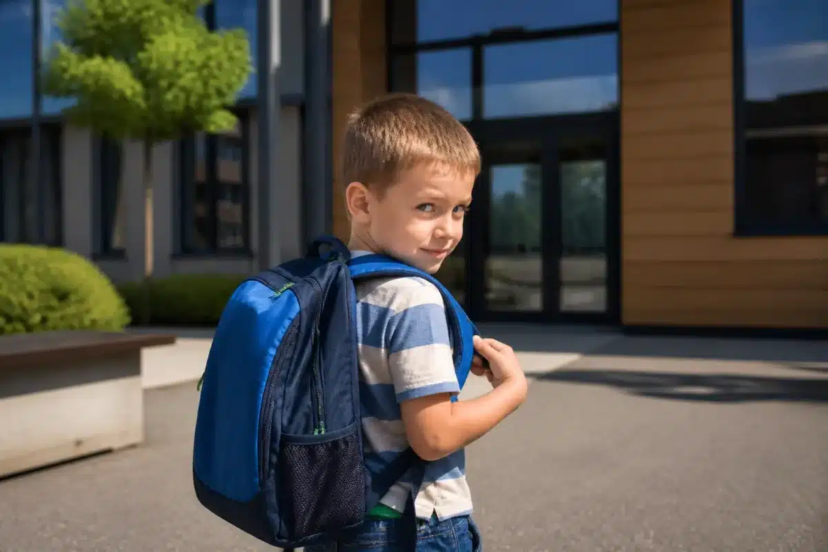 Enfant avec cartable devant établissement scolaire