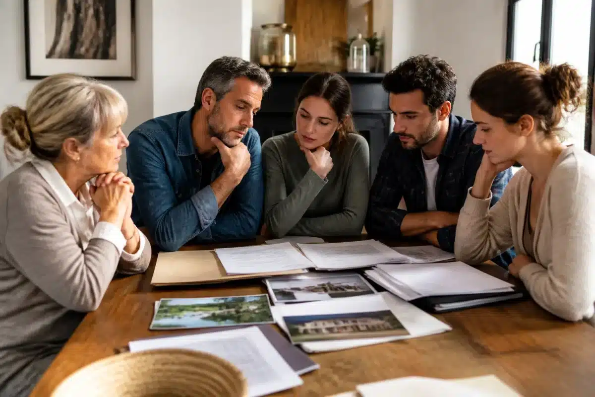 Famille recomposée autour table avec documents succession visibles