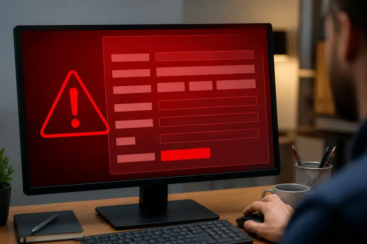 Ecran ordinateur affichant formulaire bancaire suspect rouge
