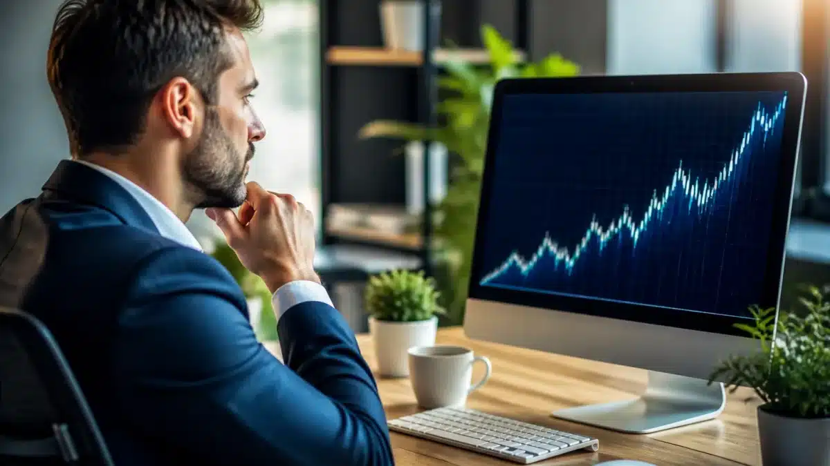Homme assis au bureau regardant graphique revenus augmentation montante