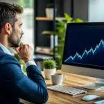 Homme assis au bureau regardant graphique revenus augmentation montante