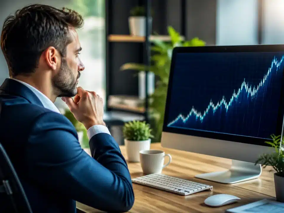 Homme assis au bureau regardant graphique revenus augmentation montante