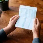 Personne tenant un livret bancaire ouvert montrant des chiffres de rendement eleves