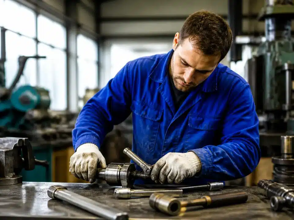 Artisan en bleu de travail manipulant outils dans atelier bien éclairé
