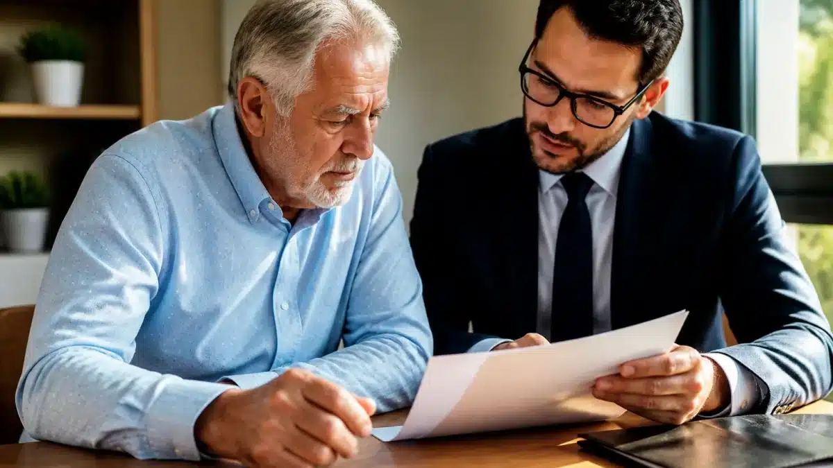 Personne agee assise consultant documents financiers avec avocat