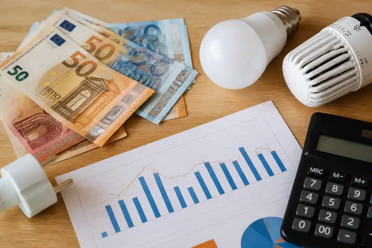 Billets euros et facture énergétique sur tableau comparatif