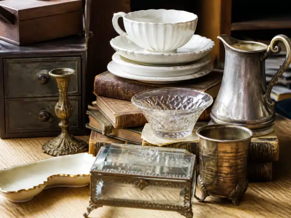 Objets anciens empiles sur table en bois clair