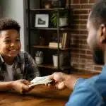 Parent remettant des billets à son enfant assis en face