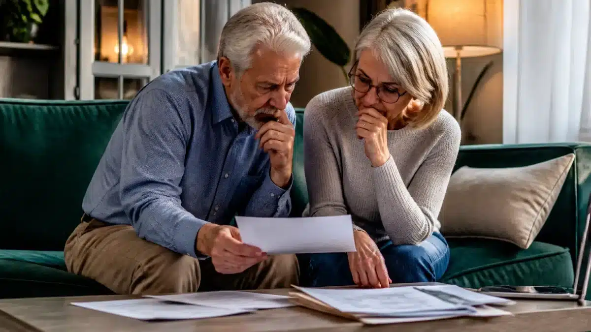 Couple age avance assis examinant documents financiers ensemble