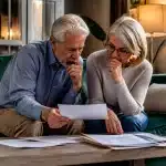 Couple age avance assis examinant documents financiers ensemble