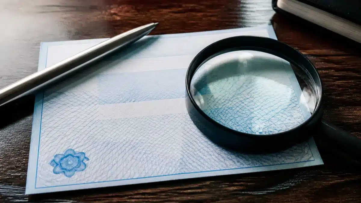 Document bancaire pose sur bureau avec stylo et loupe inspectant details