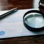 Document bancaire pose sur bureau avec stylo et loupe inspectant details