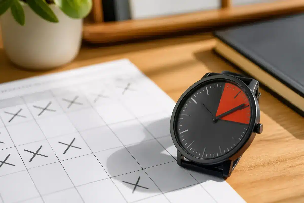 Calendrier avec cases cochees et montre affichant quarante-huit heures