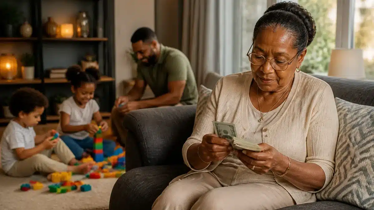 Femme retraitee assise comptant billets argent avec enfants jouant