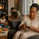 Femme retraitee assise comptant billets argent avec enfants jouant