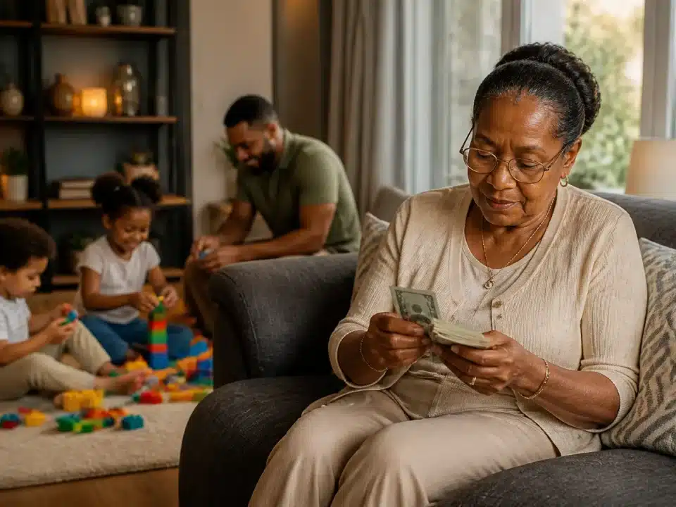 Femme retraitee assise comptant billets argent avec enfants jouant