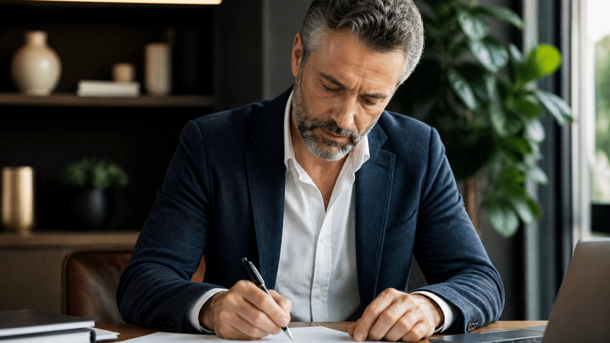 Homme d'age moyen assis a un bureau signe des documents financiers